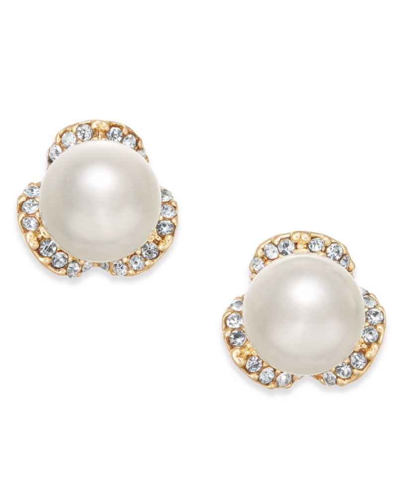 Gold-Tone Pav&eacute; & Imitation Pearl Stud Earrings