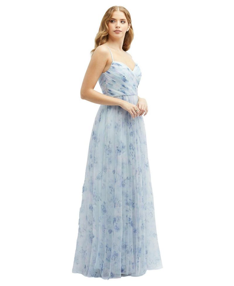 Ruched Wrap Bodice Tulle Dress with Long Full Skirt