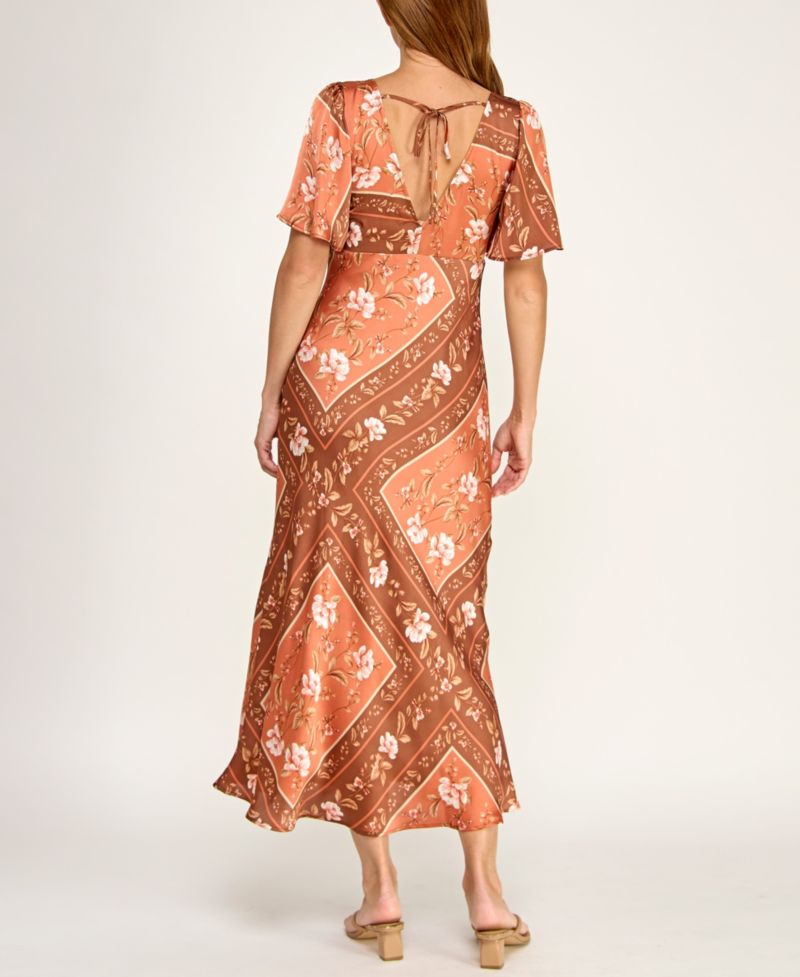 Juniors' Slim-Fit Floral Printed Satin Midi Dress