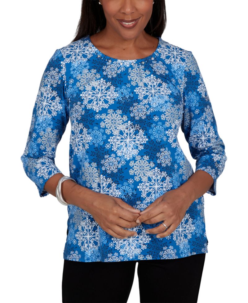 Women's Classic Blue Snowflake Print Knit Top