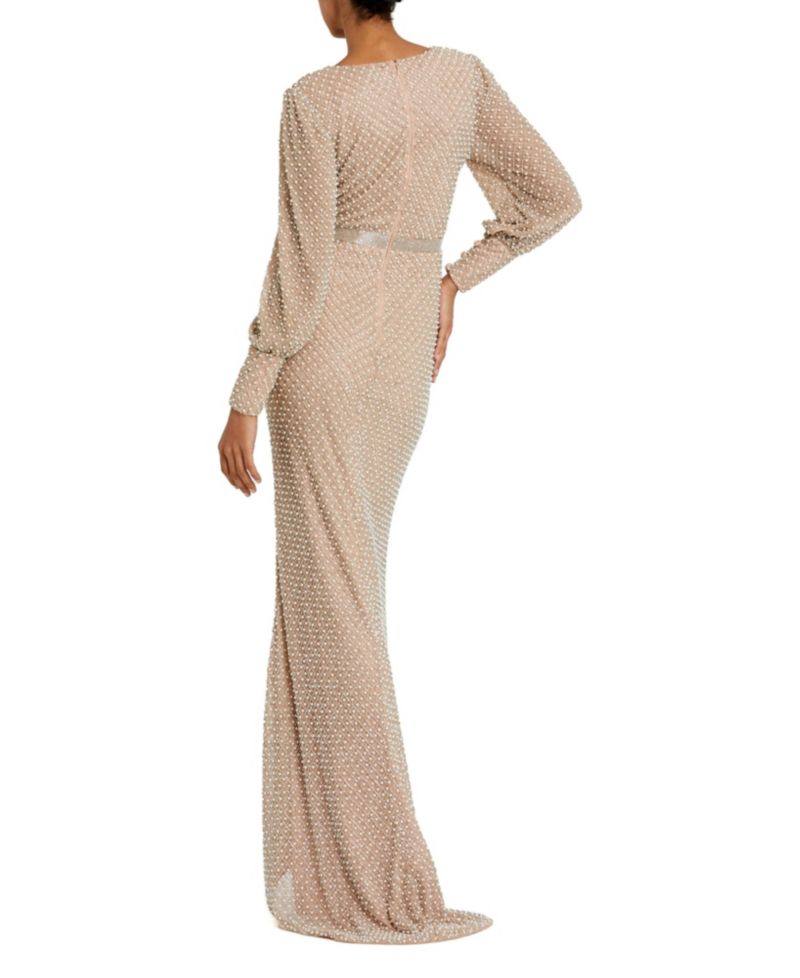Women's Wrap Over Bishop Sleeve Gown With Pearl Beading