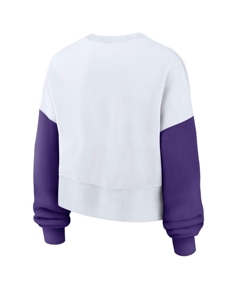 Women's White LSU Tigers Color-Block Oversized Cropped Pullover Sweatshirt