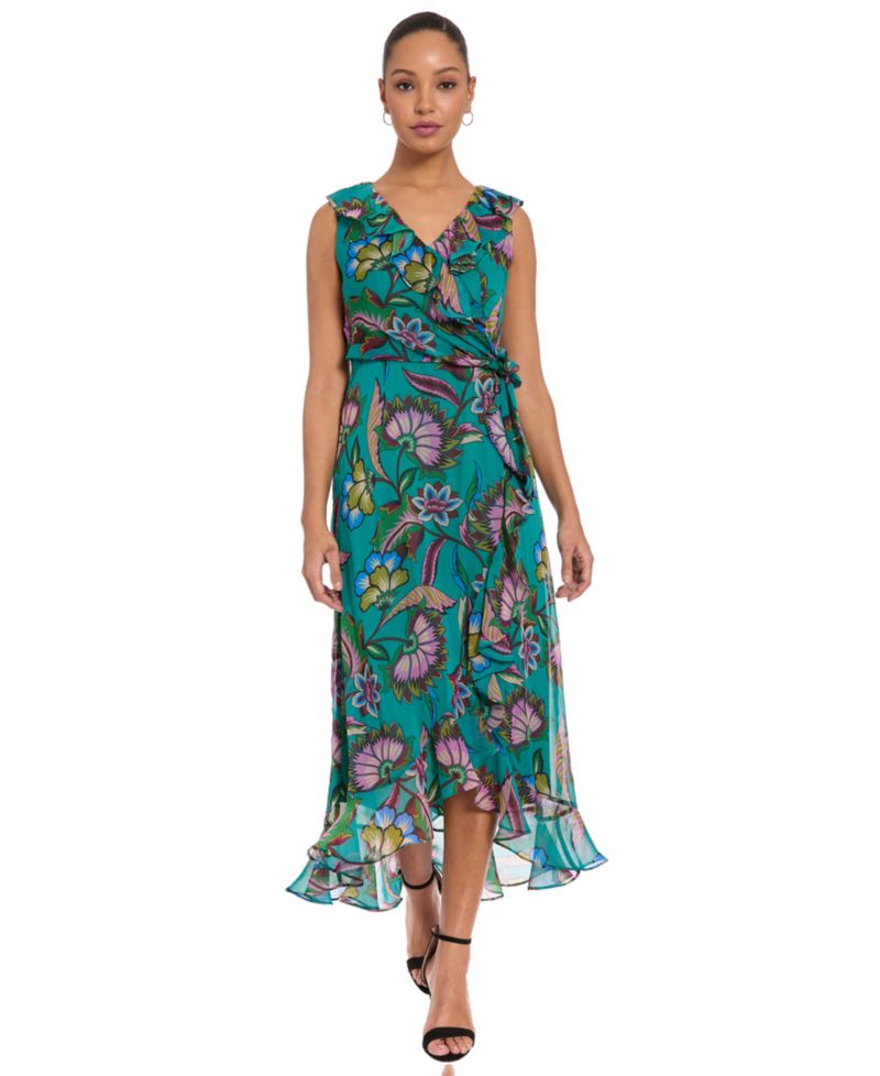 Women's Side Tie Ruffle Wrap High-Low Floral-Print Dress