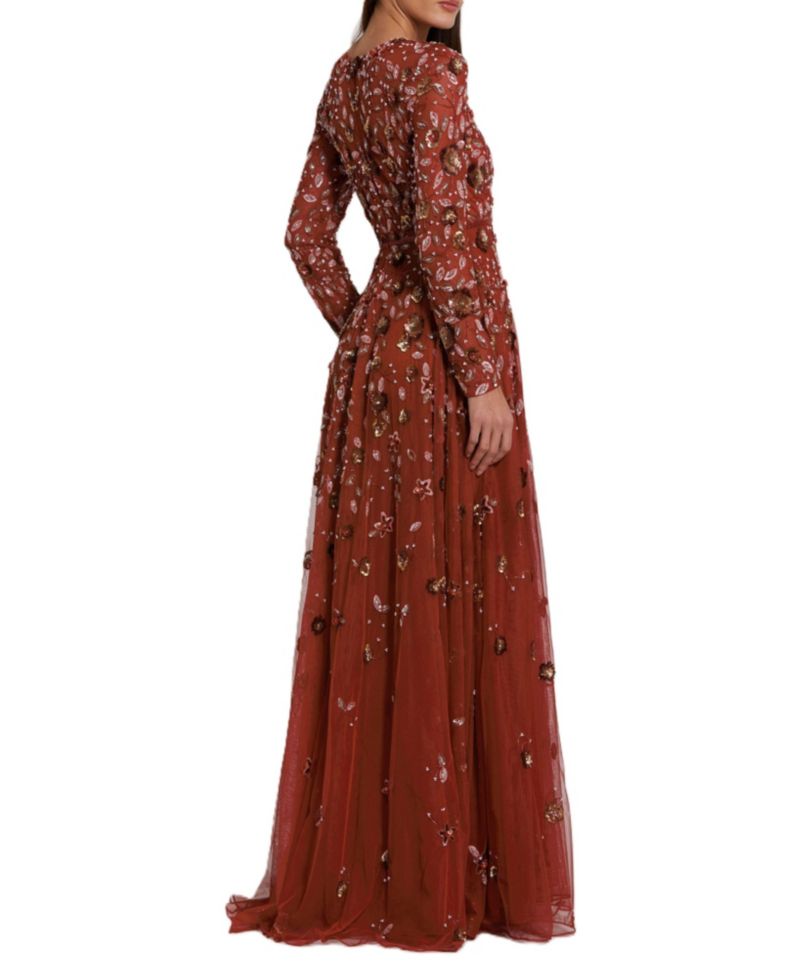 Women's Embellished High Neck Long Sleeve A Line Gown