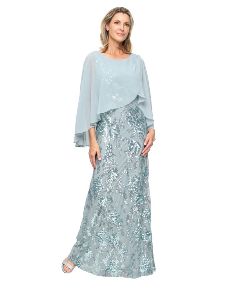 Petite Embroidered Stretch Cape Long Gown