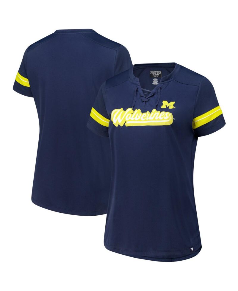 Women's Navy Michigan Wolverines Plus Size Overtime Readiness Lace-Up T-Shirt