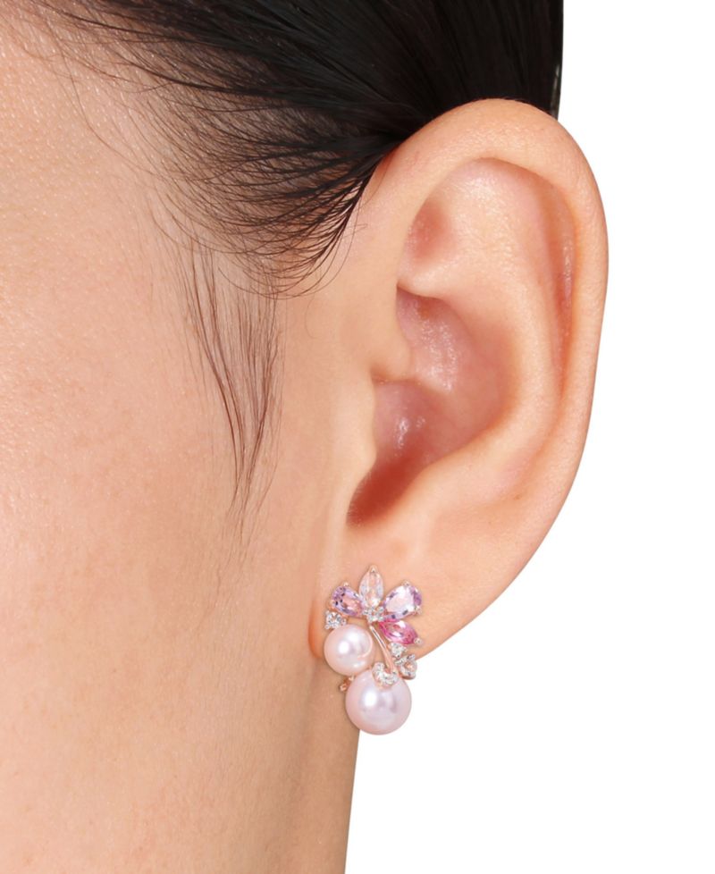 Colored Cultured Freshwater Pearl (6 & 8mm) & Multi-Gemstone (2-5/8 ct. t.w.) Cluster Earrings in 18k Rose Gold Flash-Plated Sterling Silver