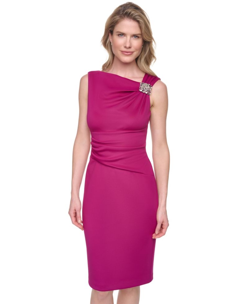 Sleeveless Asymmetrical Neck Cocktail Dress with Tucks