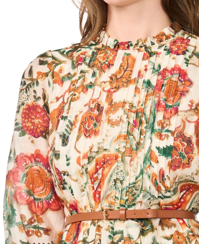 Women's Pleated Floral Long-Sleeve Mini Dress