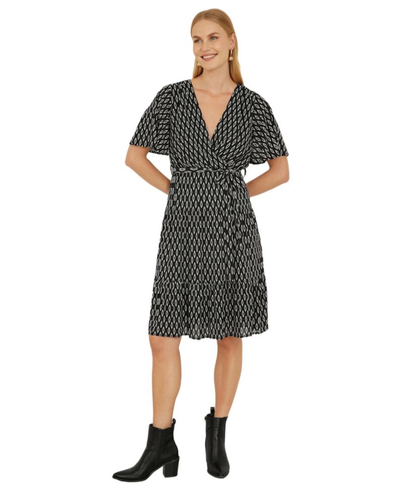 Women's Short Sleeve Tie Waist Midi Skater Dress