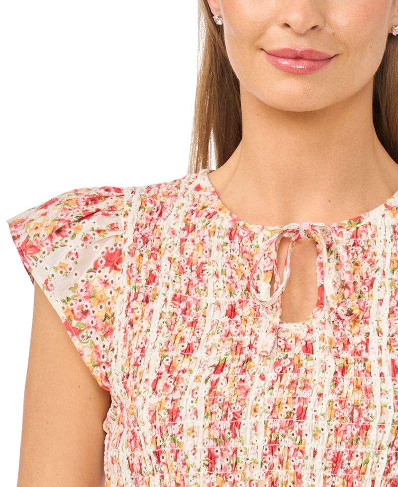 Women's Printed Tie-Neck Smocked Top