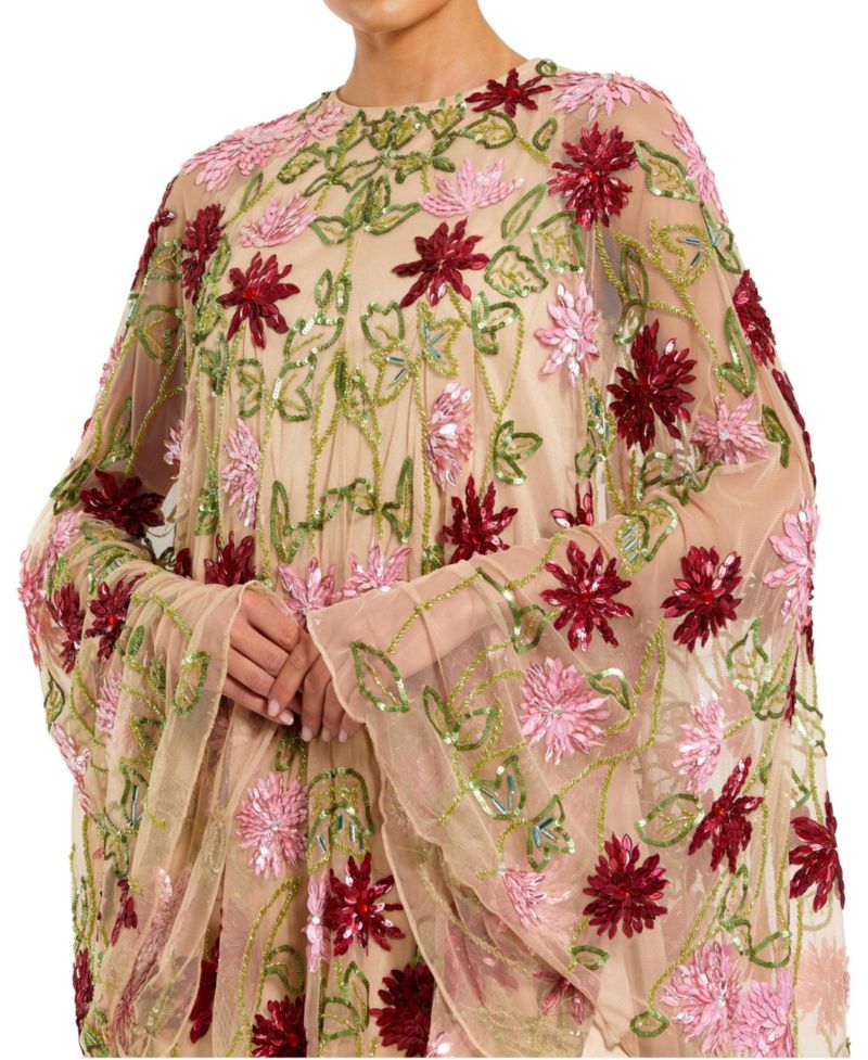Women's Floral Beaded Mesh Shawl Mini Dress