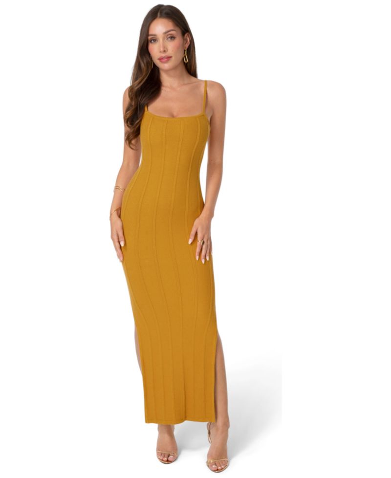Women's Ribbed Knit Square Neck Bodycon Side-Slit Maxi Dress