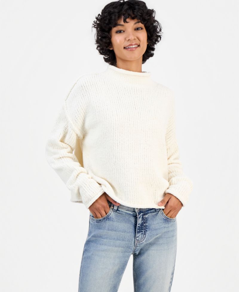 Juniors' Roll Mock Neck Chenille Long-Sleeve Sweater