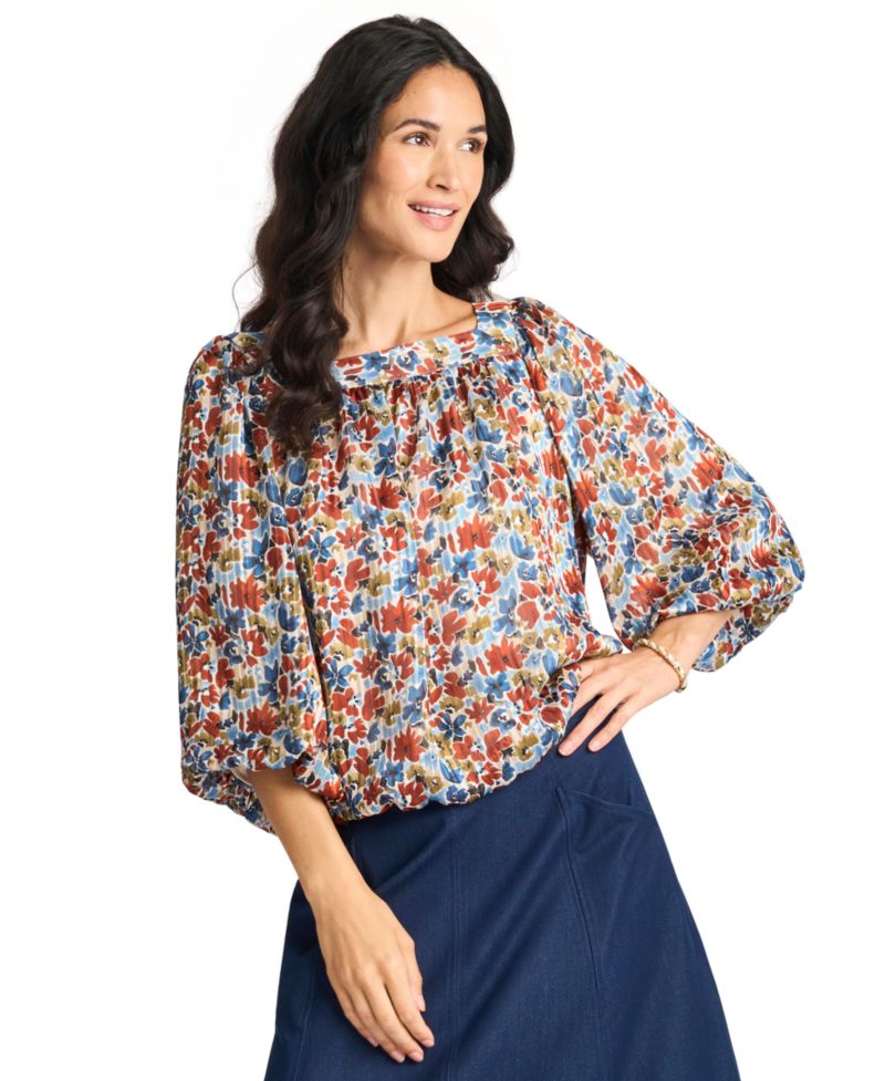 Women's Floral Square Neck 3/4-Sleeve Blouse