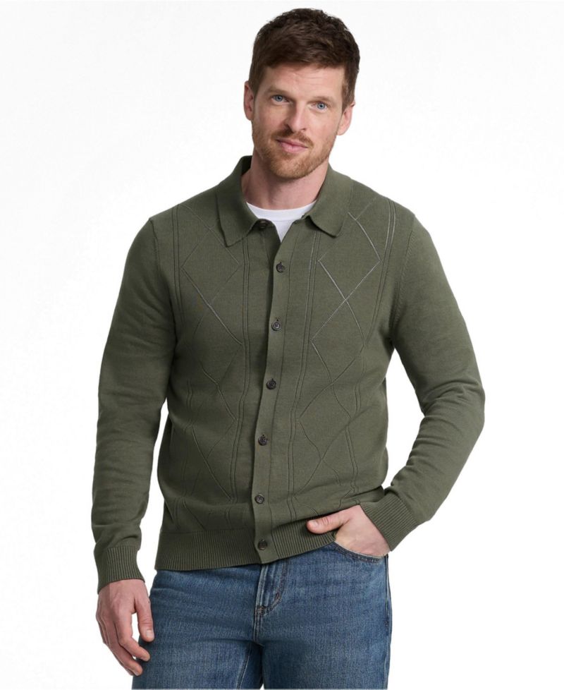 Men's Long Sleeve Fine Gauge Cotton Pointelle Argyle Cardigan
