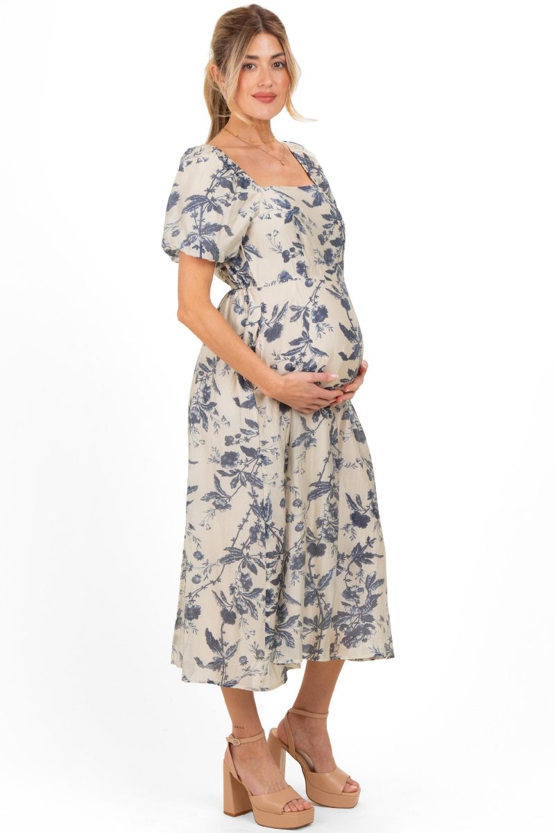 Women's Navy Blue Floral Square Neck Puff Sleeve Midi Dress