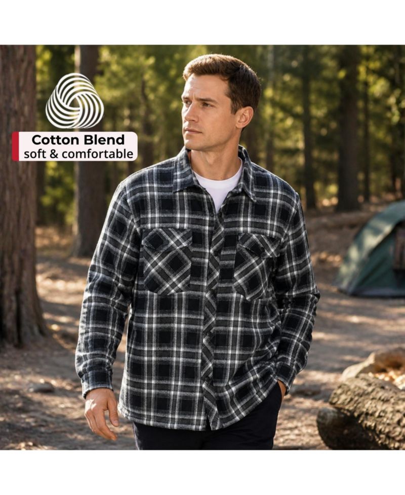 Men's Henry Quilted Flannel Shirt Heavyweight Warm Plaid Snap Front Shacket Overshirt