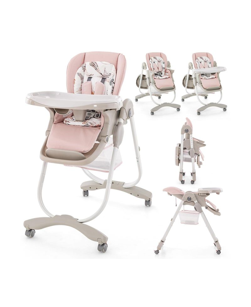 Kids Multifunctional Folding High Chair with Rolling Wheels and Adjustable Height