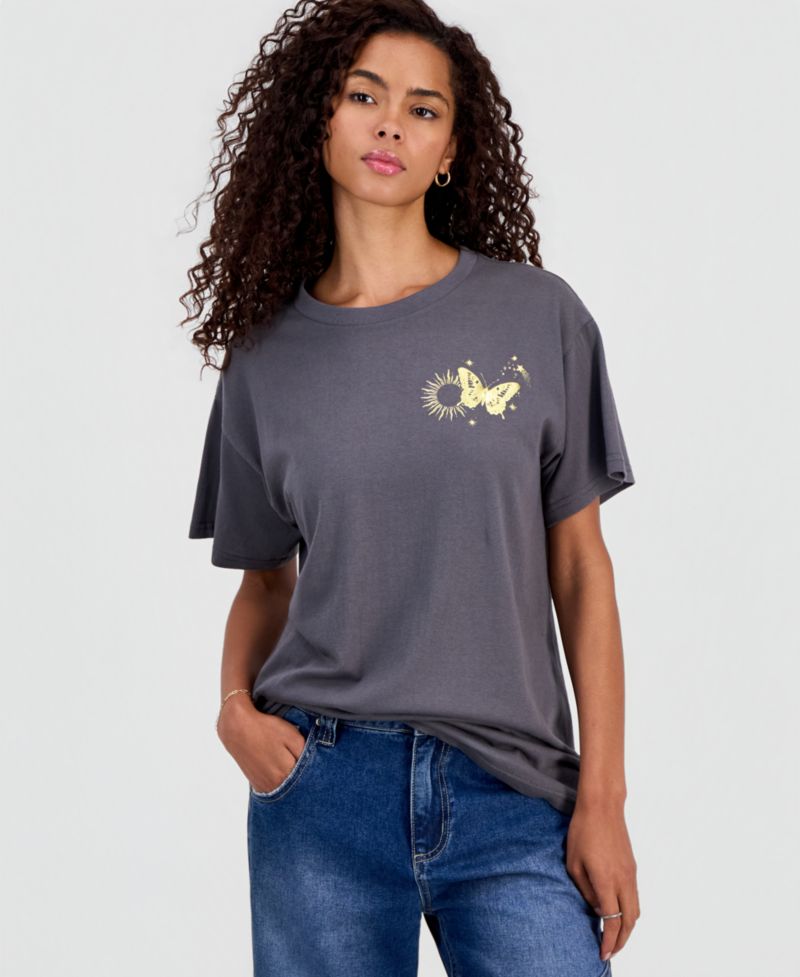Juniors' Cotton Butterfly Graphic T-Shirt