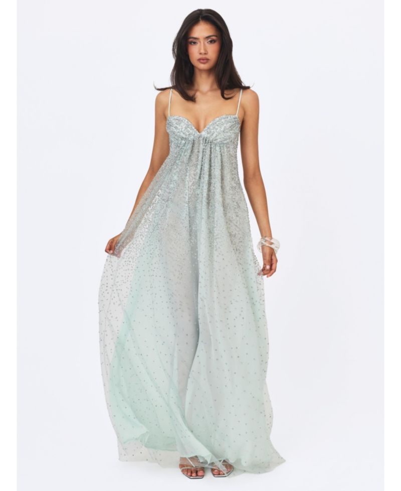 Women's Wallie Backless Sweetheart Rhinestone-Embellished Mesh Gown