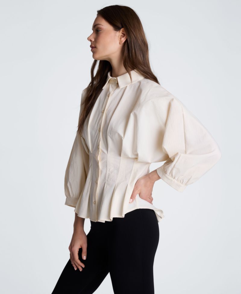 Women's Pleated Button-Front Peplum Shirt