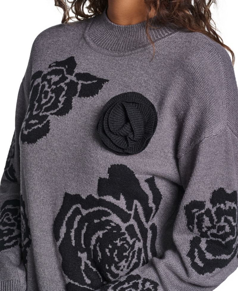 Women's Mock-Neck Long-Sleeve Floral Sweater
