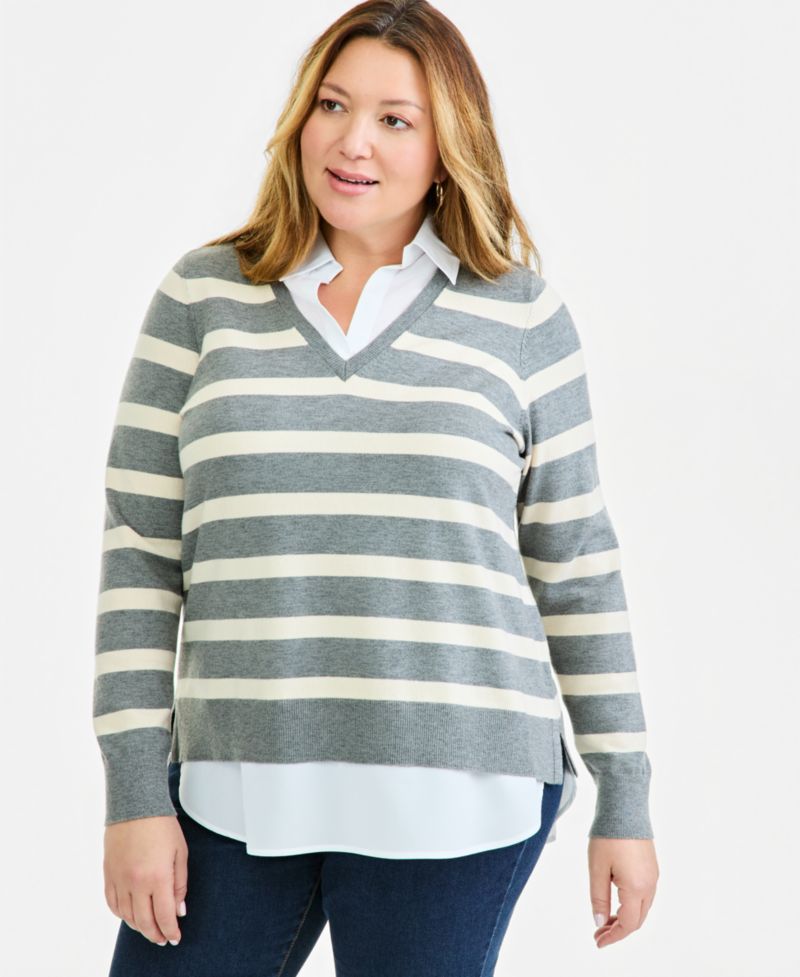 Petite Two-Fer Striped V-Neck Sweater