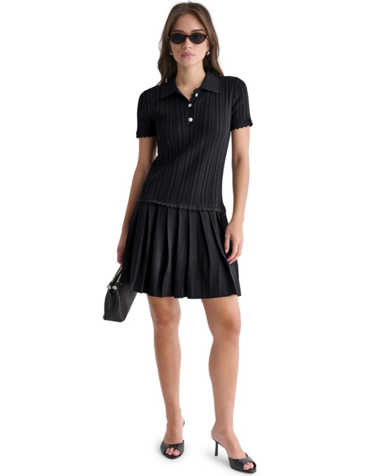 Women's Short-Sleeve Pleated Drop-Waist Sweater Dress