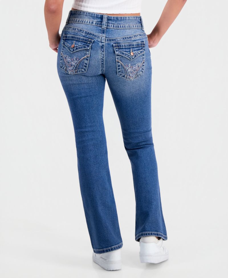 Juniors' Embroidered Flap-Pocket Flare-Leg Jeans