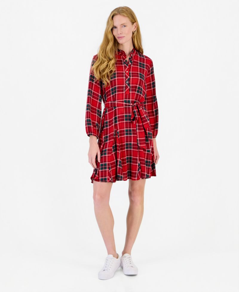 Women's Tartan-Print Fit-and-Flare Shirtdress