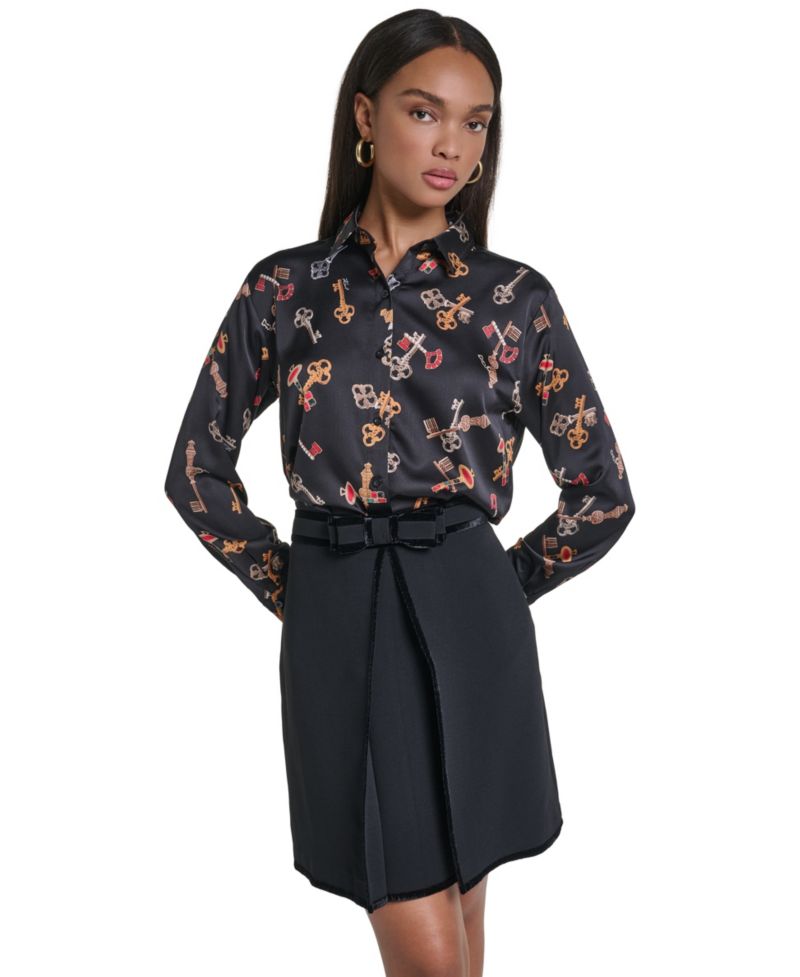 Women's Button Front Long Sleeve Satin Blouse