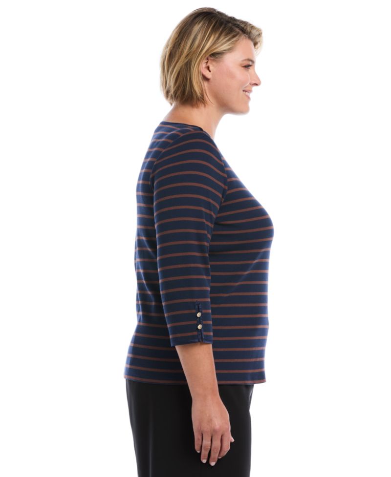 Plus Size Striped Boat Neck 3/4-Sleeve T-Shirt