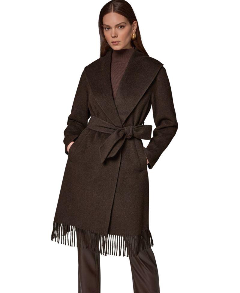 Women's Belted Fringe Wool-Blend Shawl-Collar Mid-Length Coat