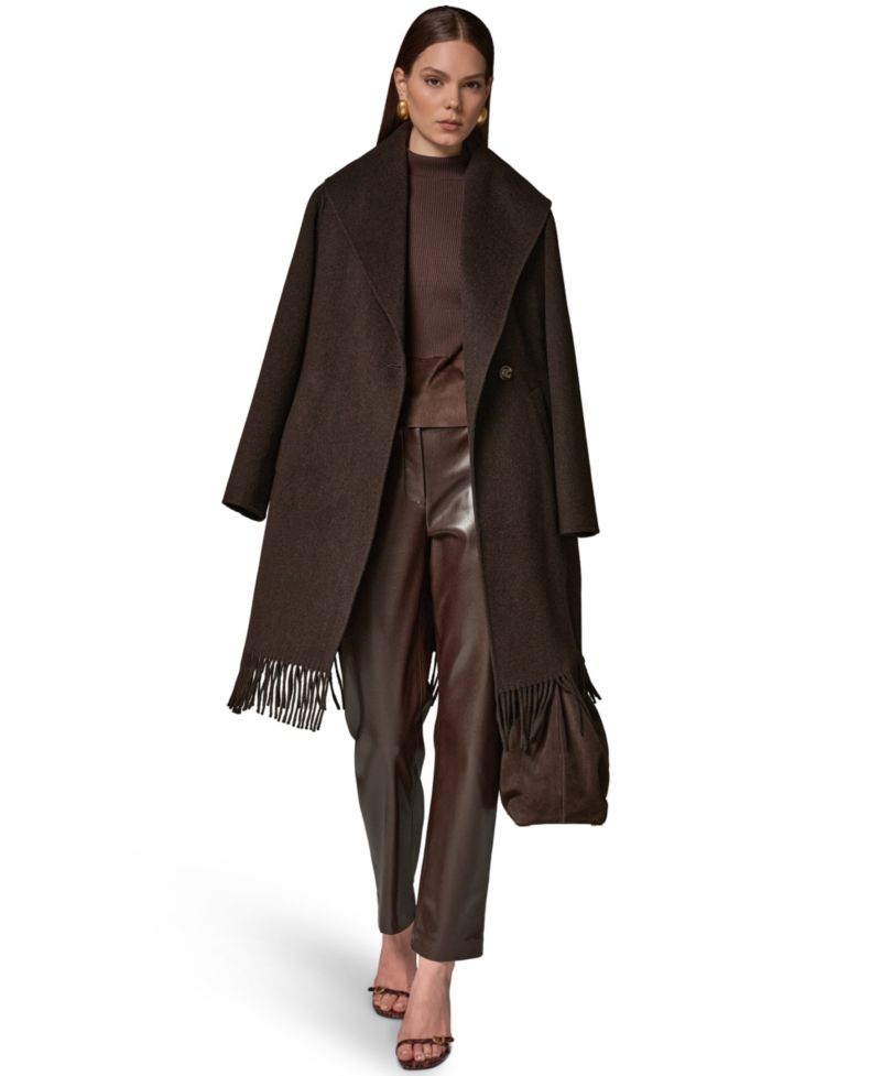 Women's Belted Fringe Wool-Blend Shawl-Collar Mid-Length Coat