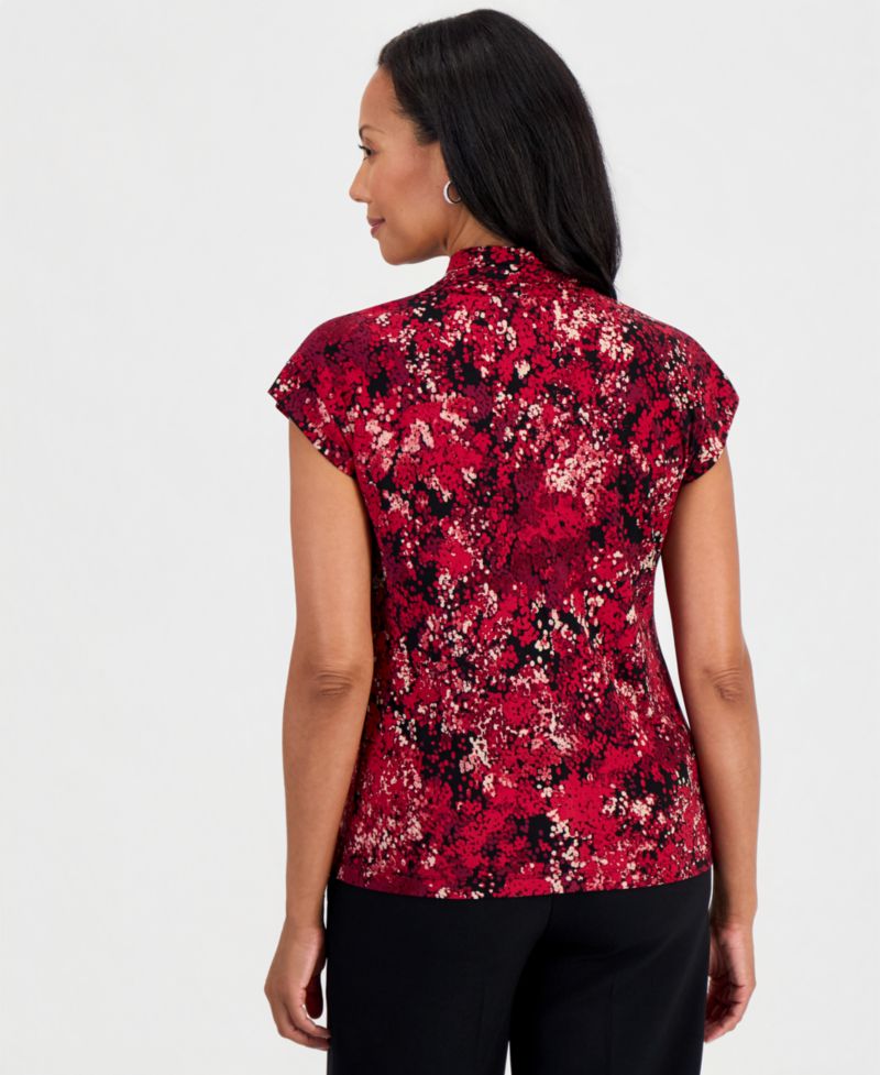 Petite Funnel Neck Cap-Sleeve Print Blouse