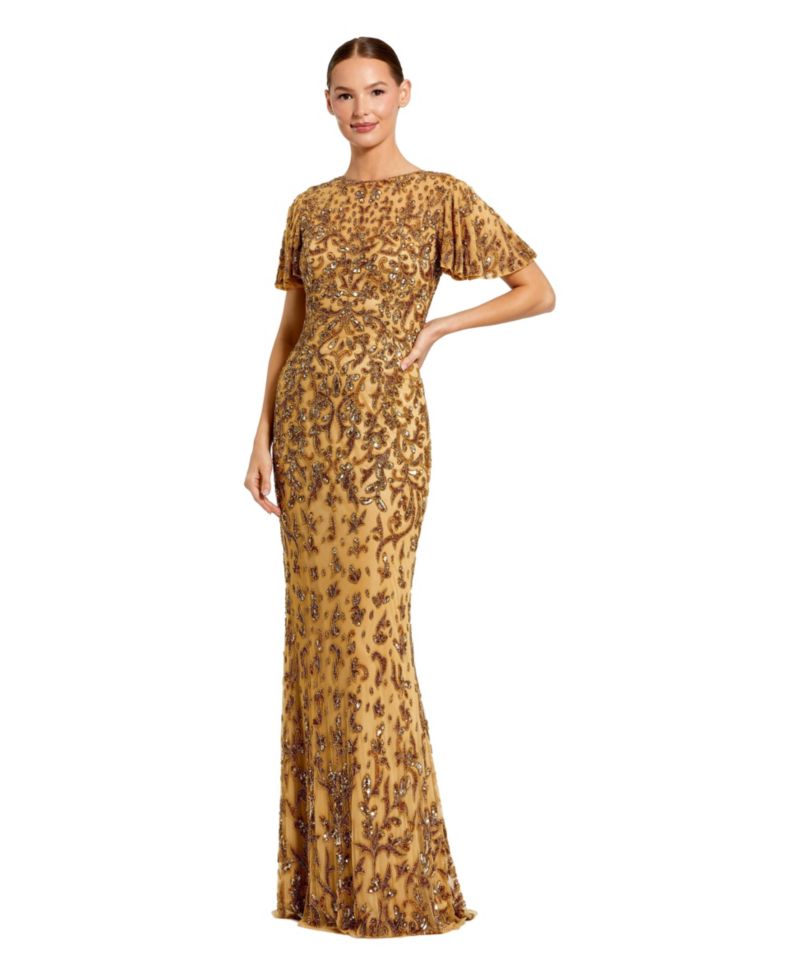 Women's Embellished High Neck Flutter Sleeve Gown