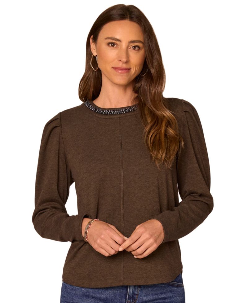 Petite Long-Sleeve Rhinestone Scoop-Neck Blouse