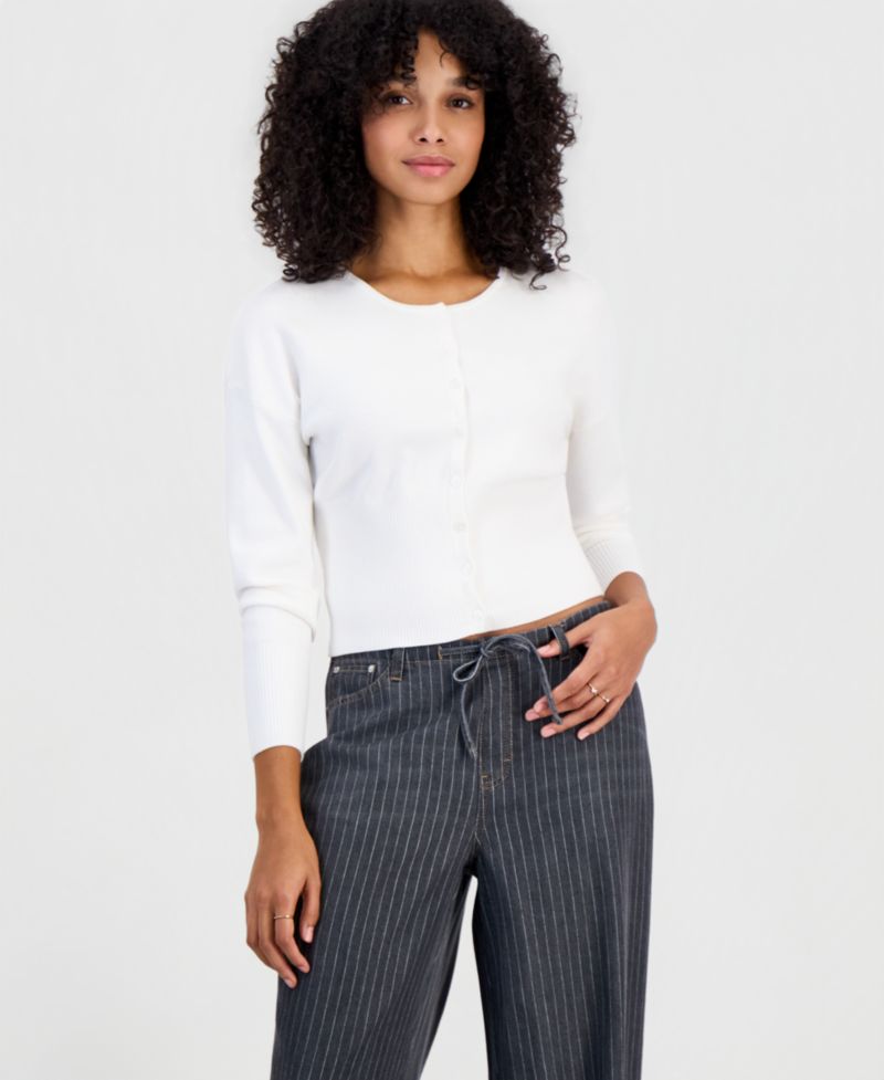 Juniors' Drop Shoulder High Rib Crewneck Cardigan