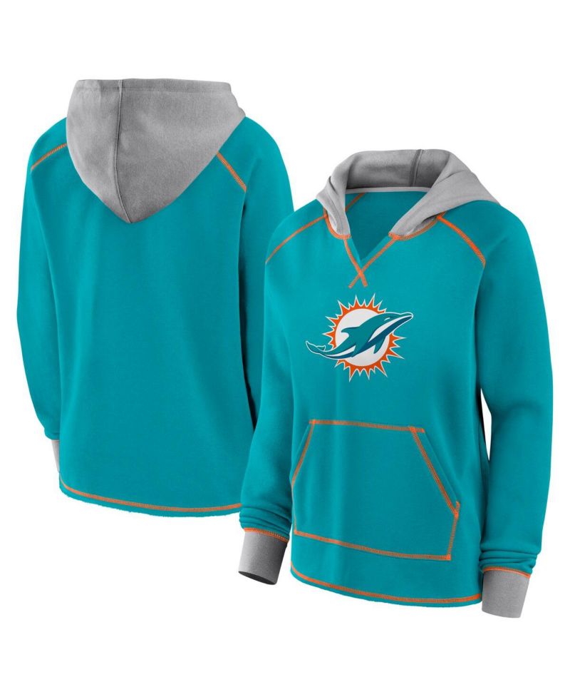 Women's Aqua Miami Dolphins Boom Fleece Pullover V-Neck Hoodie