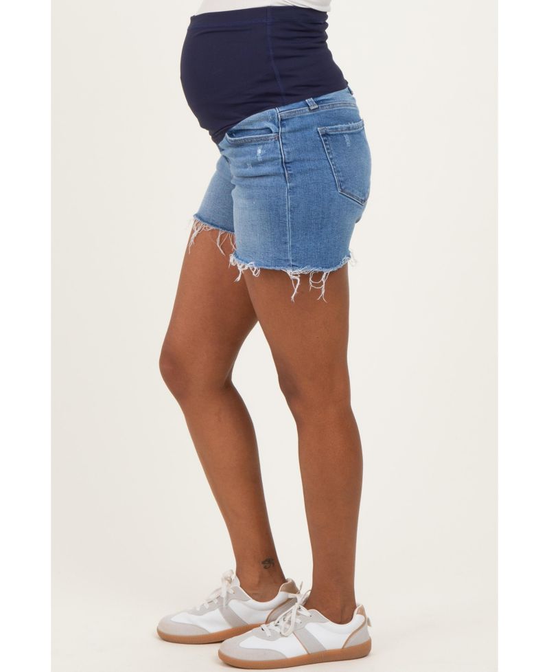 Women's Blue Distressed Raw Hem Denim Shorts