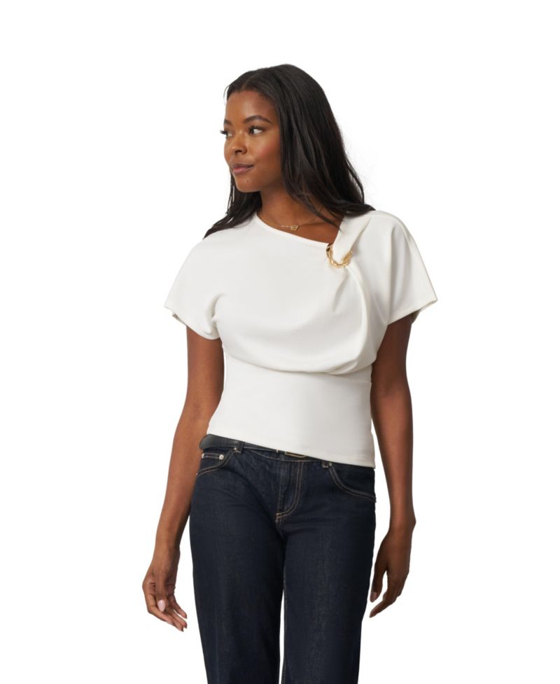 Women's Asymmetrical Dolman Top with Metal Ring Detail
