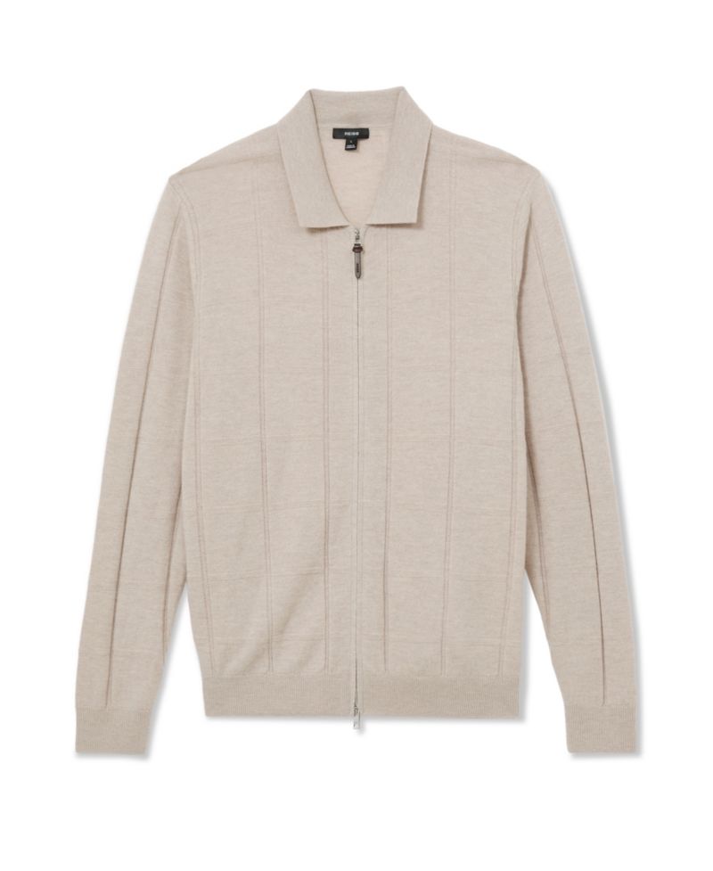 Men's Martindale Wool Check-Textured Zip-Through Cardigan Sweater