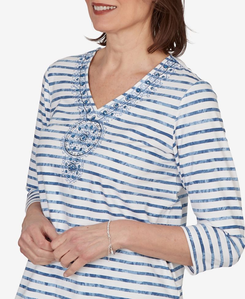 Women's Classic Medallion Embroidered Stripe V-Neck Top