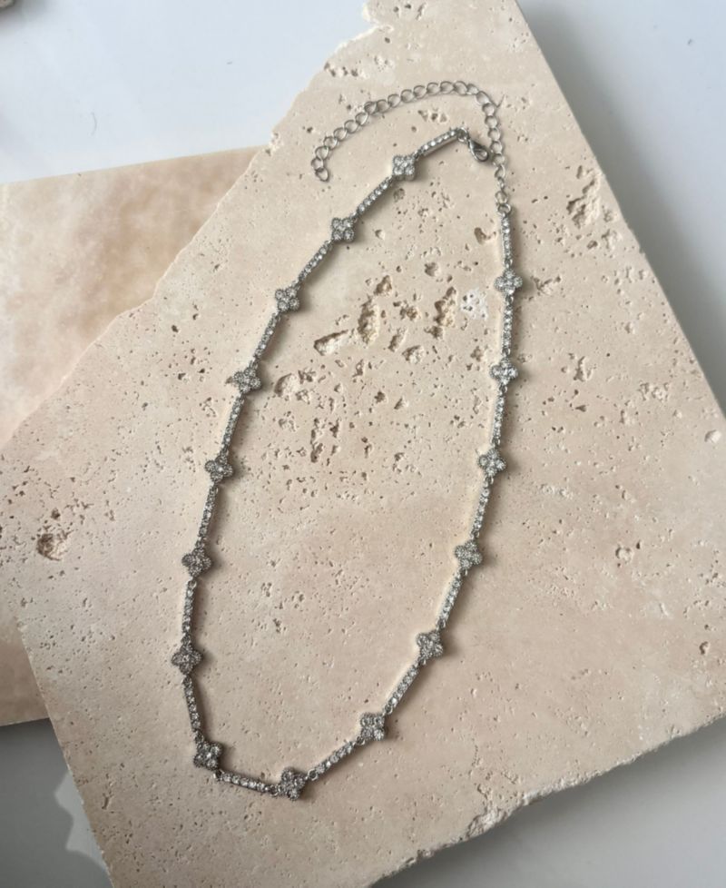Silver Crystal Clover Tennis Necklace