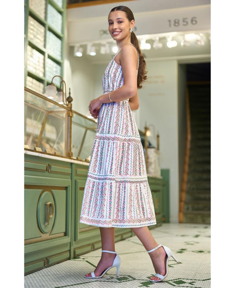 Women's Botanical Stripe Lace Trim Midi Dress