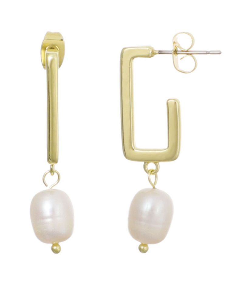 Gold Natural Freshwater Pearl Rectangle Drop Earrings