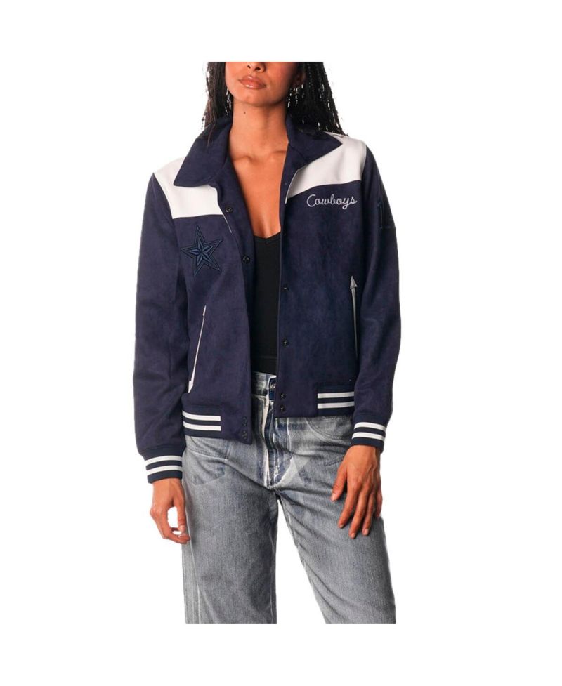 Women's Navy Dallas Cowboys Suede Full-Snap Bomber Jacket