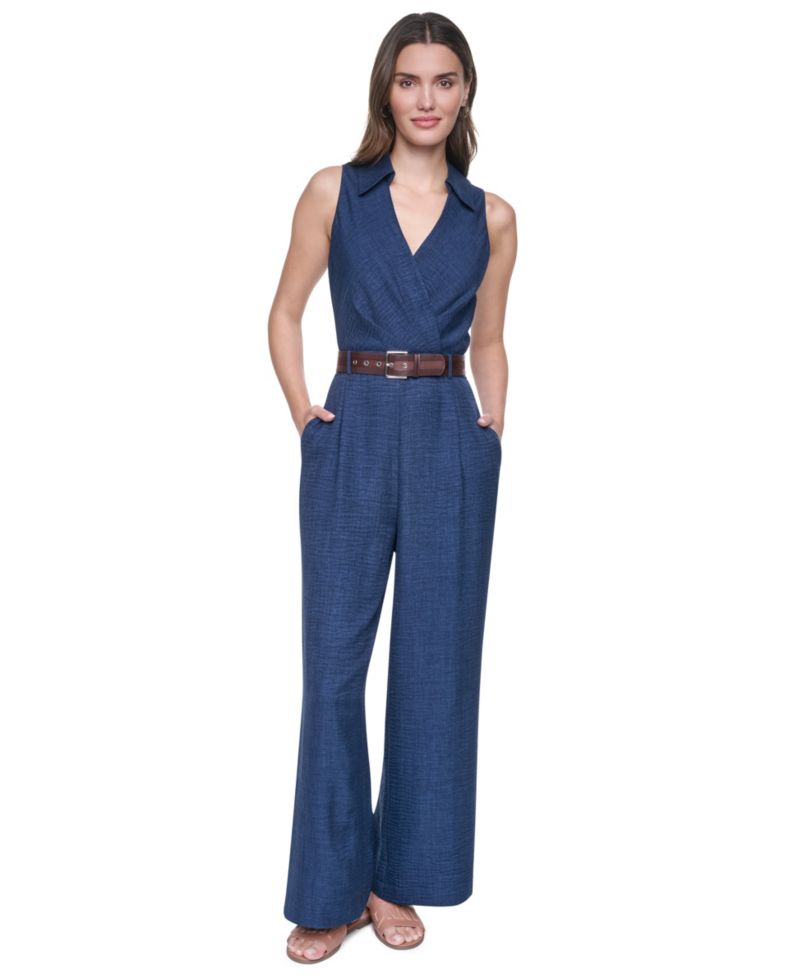 Women's Collared Sleeveless Belted Jumpsuit