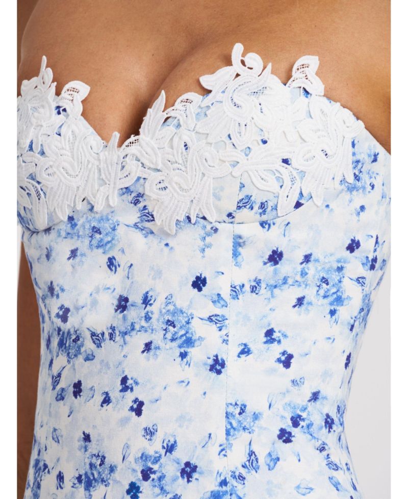 Women's Taleah Blue Floral Print Linen Mini Dress with Lace Trim